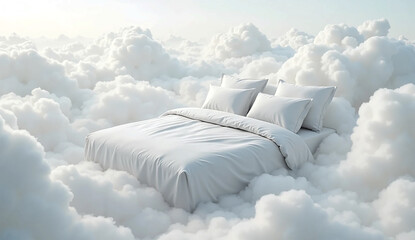 Serene Bed in White Clouds - Comfortable Sleep Concept