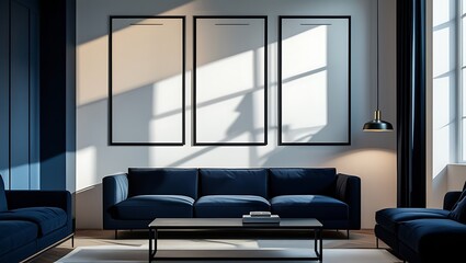 Modern living room interior design with navy blue sofas and blank artwork on the wall