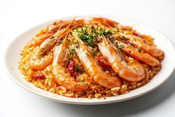Fototapeta premium Delicious arroz con camarones featuring prawn rice with chili served on a pristine white plate garnished with herbs