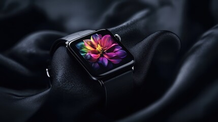 An artistic image featuring a sleek smartwatch set against a dark background, showcasing a colorful floral design on its screen, blending technology with style.