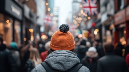 A vibrant urban scene capturing a person wearing a pom-pom beanie in a bustling crowd adorned with British flags, illustrating the energy of city life.