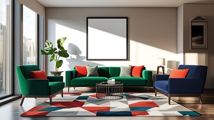 Modern living room interior design with vibrant furniture and blank picture frame