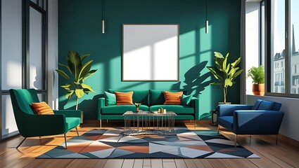 Modern living room interior design with teal sofa and empty picture frame