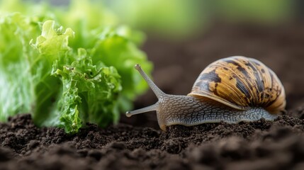 This macro shot captures a snail gliding over vibrant green lettuce, showcasing its delicate texture and slow movement in a natural setting filled with soil.
