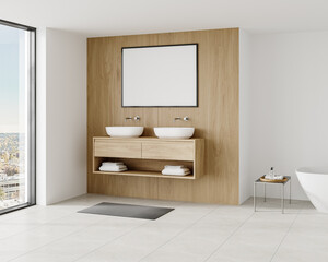 Modern Bathroom with Black Framed Horizontal Poster and Twin Sinks – Light Wall and Wooden Furniture