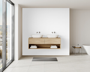 Wood double sink vanity with round mirrors in modern bathroom mockup PNG with transparent wall with...