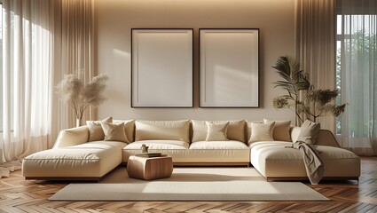 Modern living room interior with a stylish sofa blank picture frames and natural light