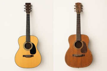 Obraz premium New acoustic guitar versus old worn guitar