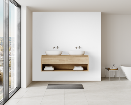 Wood double sink vanity with round mirrors in modern bathroom mockup PNG with transparent wall with Realistic Shadows – 3D render