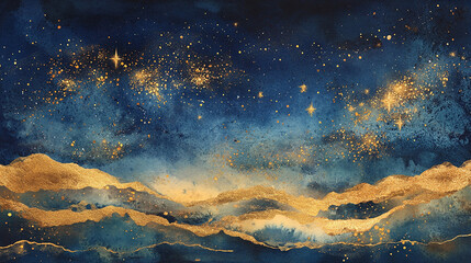 Celestial Landscape Golden Mountains Under a Starry Sky