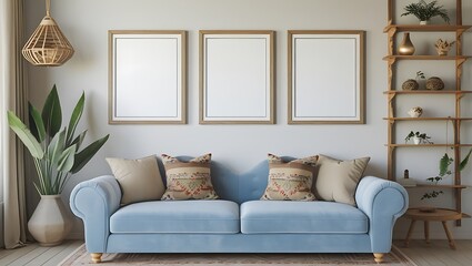 Modern living room interior with blue sofa blank picture frames and decorative elements