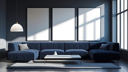 Modern living room interior with blue sofa blank frames and natural daylight.
