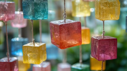 Colorful glass cubes hang in artistic array a delightful design in bright hues a gentle backdrop creating an ambient scene with soft light