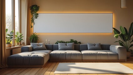 Modern living room interior with cozy gray sofa and decorative plants near large window