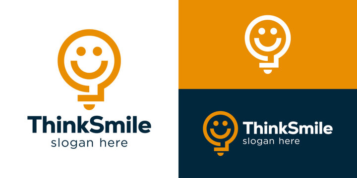 Creative simple think smile logo template. Lightbulb with smile face symbol for Idea smile logo design vector illustration.