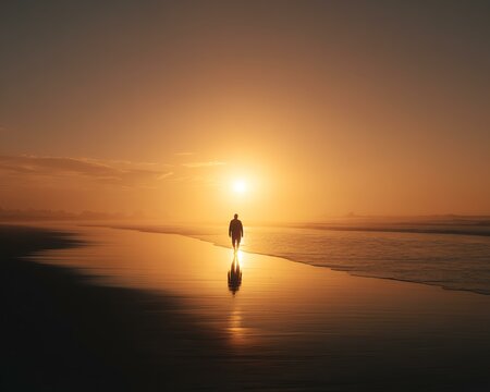 Silhouette enlightenment theme A person walking along a serene beach at sunset.
