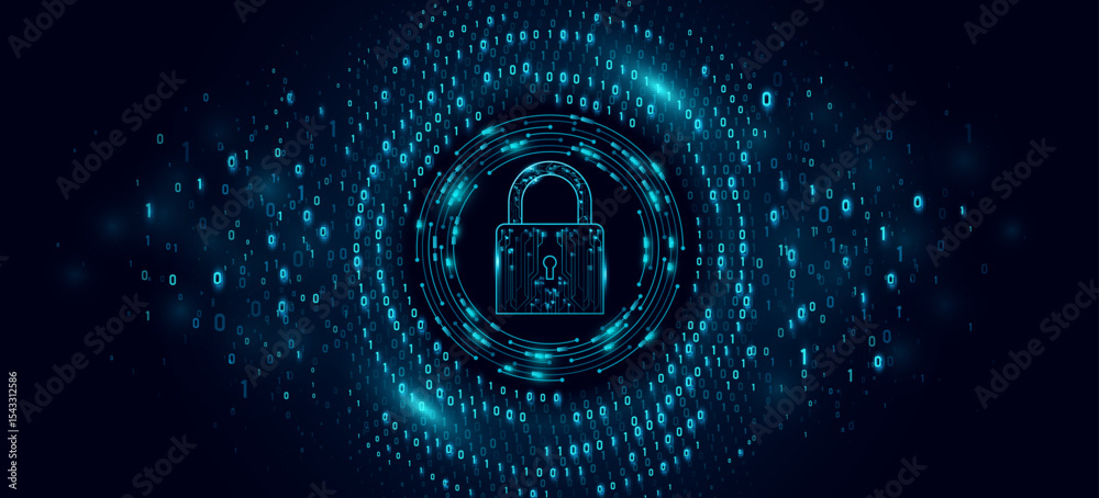 Poster futuristic cybersecurity concept featuring a glowing cyber padlock surrounded by binary code and dig