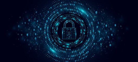 Futuristic cybersecurity concept featuring a glowing cyber padlock surrounded by binary code and digital circuit elements. Big data visualization on a dark technology background. Vector illustration.