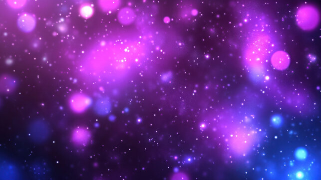 Bright purple bokeh glitter particles with light blue glow. Christmas or holiday abstract sparkly background illumination effect.