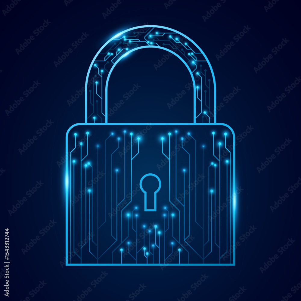 Poster futuristic padlock with glowing circuit board pattern and electronic elements on dark background. cy