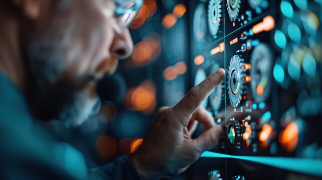 A technician precisely adjusts settings on a high-tech control panel, illustrating the dedication and expertise required in modern technological environments.