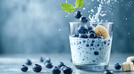 A tantalizing smoothie brimming with blueberries and bananas, splashing with freshness, embodying health, vitality, and the joy of nutritious living in every sip.