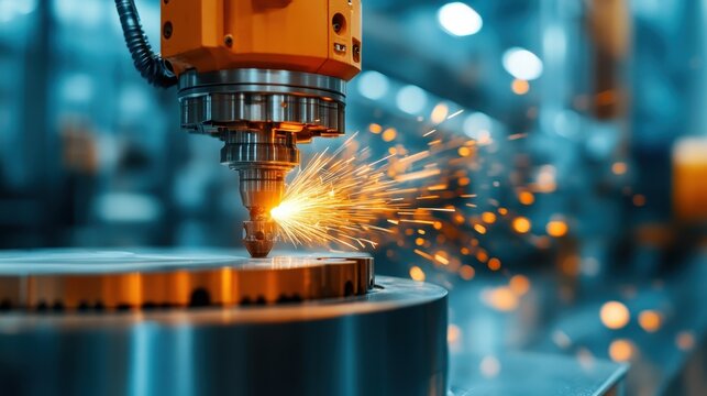 This image captures the intense moment of a CNC machine cutting through metal, showcasing the precision and sparks produced during industrial machining processes.