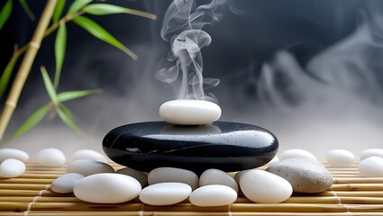Spa stones with bamboo leaves create a serene and relaxing environment for wellness practices