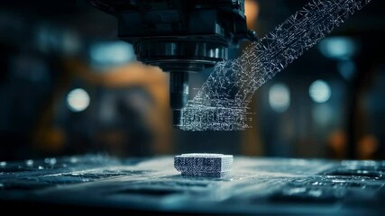 Modern milling machine processing metal workpiece with digital data stream flowing from robotic arm, showcasing advanced manufacturing technology and innovation in industrial automation - Powered by Adobe