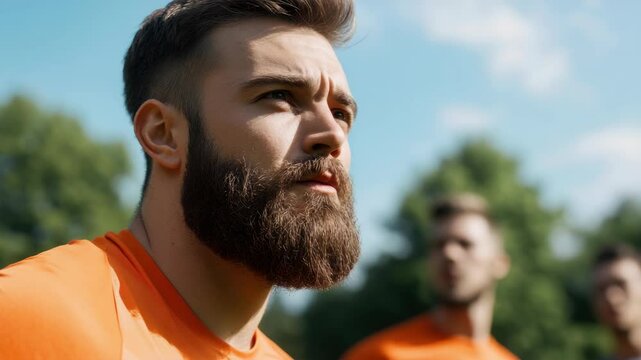 Athletic bearded rugby player looking intense on a field. Team spirit and competition in the air. - Powered by Adobe
