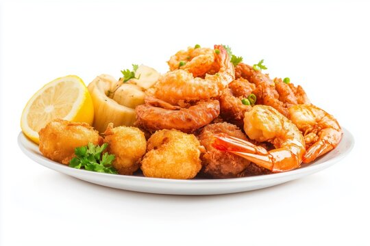 Fried seafood platter with shrimp, fish, and yucca served with lemon on a white background