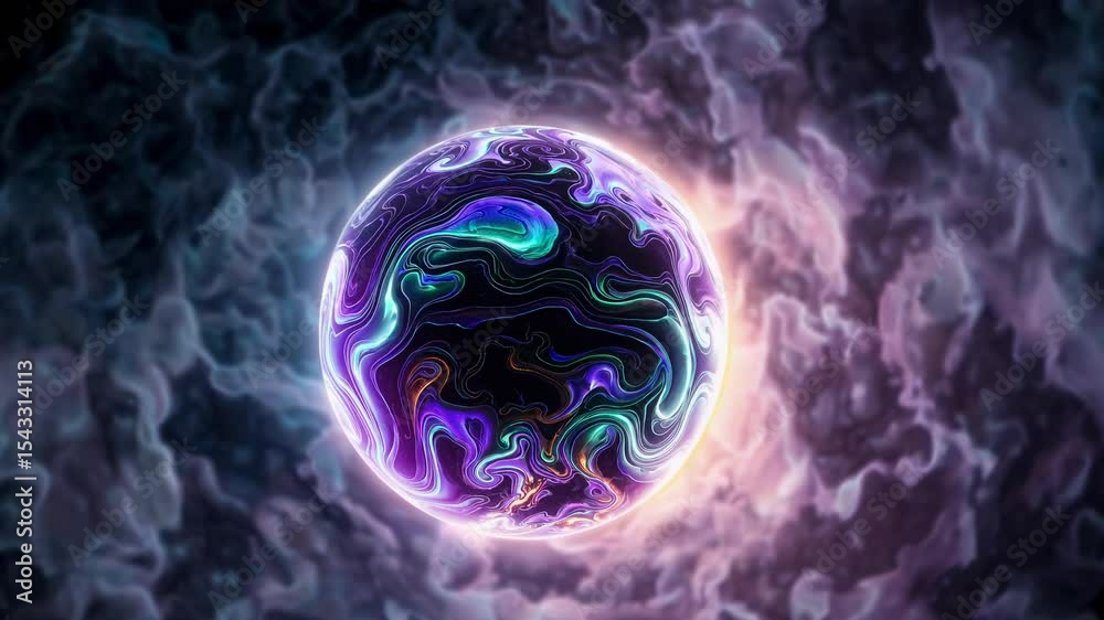 Poster abstract colorful orb with swirling patterns in dark background