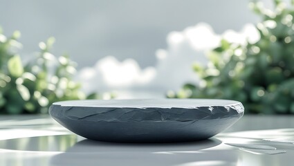Stone podium display with nature background for product presentation and mockups