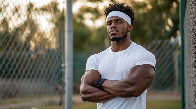 A powerful male athlete stands confidently in athletic wear, showcasing determination and strength in an outdoor setting, emphasizing fitness and resilience. - Powered by Adobe