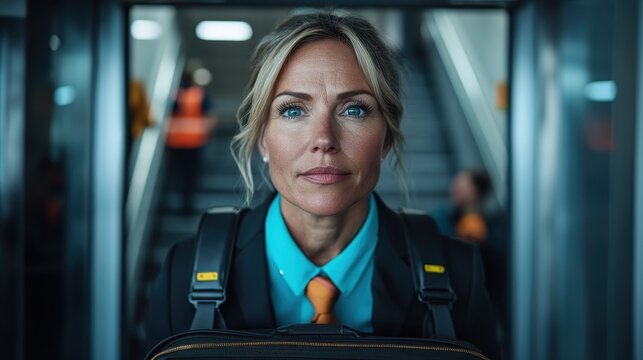 A confident female airport employee portrays professionalism in an airport setting, with striking features and a focused expression, showcasing dedication and commitment to her work.