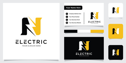 Initial N Letter with Lightning Bolt Logo Vector Design with business card design