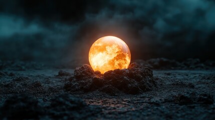 An imaginative portrayal of a glowing orb sitting on a rugged lunar surface, evoking feelings of mystery and the beauty of cosmic elements in a darkened atmosphere.