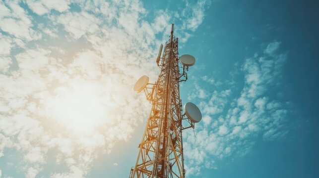 A detailed view of a tall communication tower reaching towards a brilliant sky with clouds, symbolizing modern technology and the advancements in telecommunications.