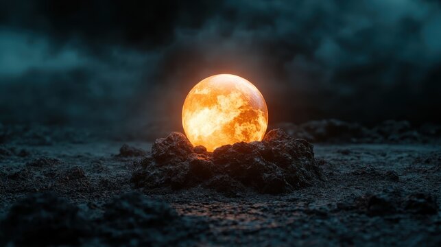 An imaginative portrayal of a glowing orb sitting on a rugged lunar surface, evoking feelings of mystery and the beauty of cosmic elements in a darkened atmosphere.