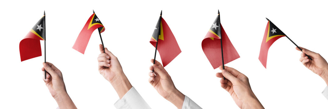 The East Timor flag in hand in different angles on a white background