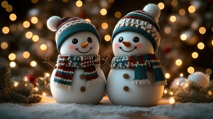 Two cheerful snowmen in winter hats and scarves, nestled amidst festive lights and greenery