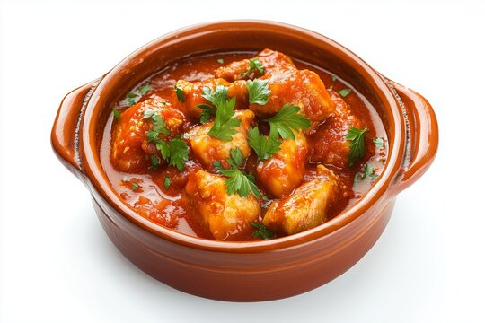 Moamba de galinha chicken stew with red palm-oil sauce served in a traditional bowl, showcasing vibrant colors and fresh ingredients on a white background