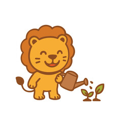 A cute cartoon lion watering plants