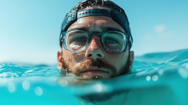 A portrait of a man partially submerged in vibrant blue water, capturing the essence of summer, relaxation, and connection with nature in an adventurous aquatic setting.