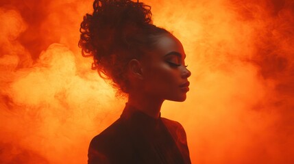 Serene african american woman in profile against fiery orange smoke backdrop evoking mystery and style