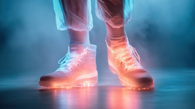 A pair of futuristic sneakers illuminated in vibrant neon colors against a foggy background, showcasing a modern and artistic take on footwear and street culture.