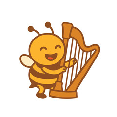 A cheerful bee playing a harp with a big smile