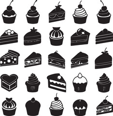 Collection of black and white cake and cupcake icons
