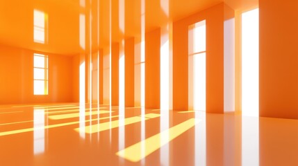 Obraz premium Orange minimalist interior with sunlight streaming through tall windows
