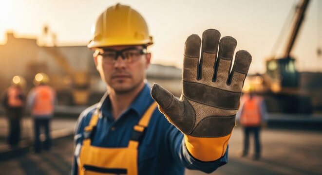 Construction worker in hard hat and gloves making stop gesture at building site